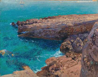岩石海岸，背景是帆船`A rocky coast, in the background a sailing boat (1902) by Hans Wilt