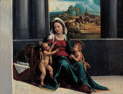 麦当娜带着孩子和圣约翰`Madonna with the Child and St. John by Garofalo and workshop
