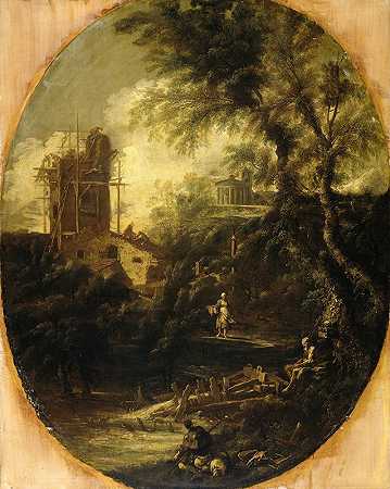 有隐士、朝圣者和农妇的风景`Landscape with Hermit, Pilgrim and Peasant Woman (1690 ~ 1740) by Antonio Francesco Peruzzini