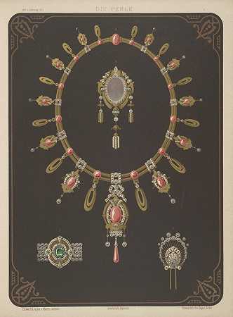 四种珠宝设计，包括带有粉色宝石的大项链。`Four Designs For Jewelry, Including Large Necklace With Pink Stones. (1872 ~ 1873) by Martin Gerlach