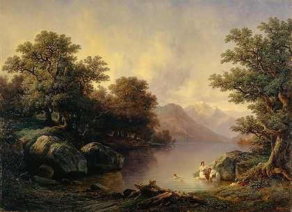 布莱恩斯湖边（游泳者）`By the Lake of Brienz (The Bathers) (1842) by François Diday