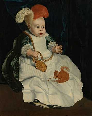 一个孩子和一只红松鼠的肖像`Portrait Of A Child With A Red Squirrel by Peter van Lint