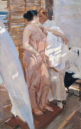 粉色长袍。洗澡后`The Pink Robe. After the Bath (1916) by Joaquín Sorolla