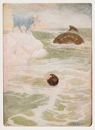 他以加倍的力量和精力向白色岩石游去`He swam with redoubled strength and energy toward the white rock (1916) by Maria Louise Kirk