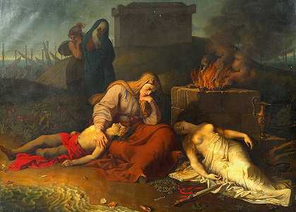 赫卡布带着孩子波利西娜和波利多罗斯的尸体在阿喀琉斯墓前`Hecabe with the corpses of her children Polyxena and Polydoros at the tomb of Achilles (1809) by Karl Russ