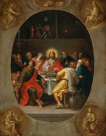 《最后的晚餐》（画成椭圆形）、教父和四位福音传道者（在角落里画成了灰色）`The Last Supper (in a painted oval), Godfather and the Four Evangelists (painted en grisaille in the corners) by Frans Francken the Younger