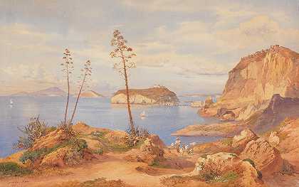 波佐利湾的尼西达岛`View of the island of Nisida in the Gulf of Pozzuoli (1858) by Hermann David Salomon Corrodi