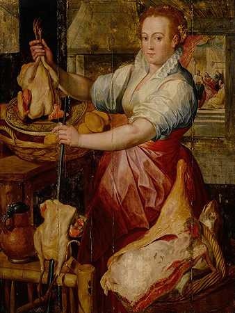 厨房女佣在玛丽和玛莎的家里与基督一起做饭`Kitchen maid preparing meat with Christ in the House of Mary and Martha beyond by Workshop of Joachim Beuckelaer