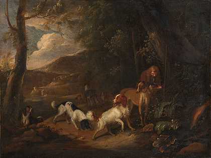 在树林边猎狗的猎人`Hunter with Hounds at the Edge of a Wood (c. 1660 ~ c. 1699) by Adriaen Cornelisz Beeldemaker