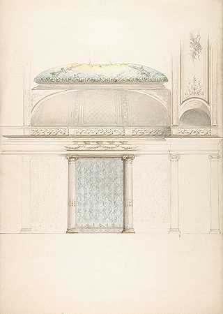 穹顶柱式大厅的立面图和横截面图`Elevation and transverse section of a domed and colonnaded hall (19th Century) by Jules-Edmond-Charles Lachaise