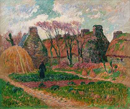 布列塔尼的茅草，颜色D秋天`Chaumières en Bretagne, couleurs dautomne (1899) by Henry Moret
