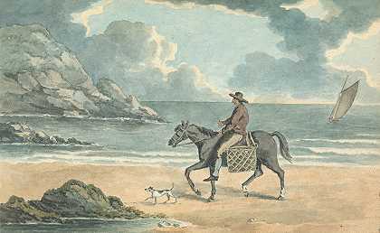 在海滩上骑马的人`Man Riding a Horse on the Beach by Thomas Bradshaw