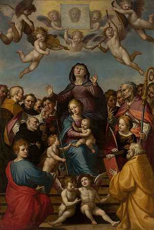 圣安妮与圣母玛利亚、圣子耶稣和圣徒崇拜`St. Anne with Virgin Mary and Child Jesus and saints in adoration