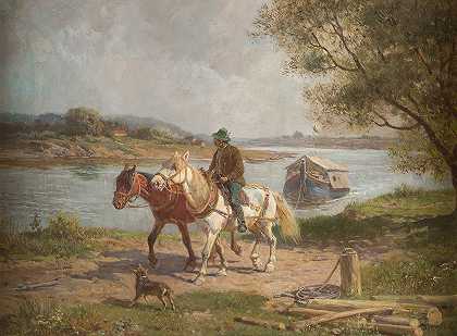 骑着马的农夫`Farmer with horses by a river by a river by Fritz Van Der Venne