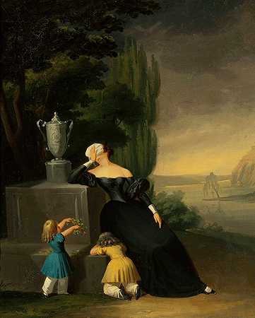 丈夫家有孩子的寡妇她的坟墓`Widow with a child at her husbands grave (between 1840 and 1850) by Wincenty Smokowski
