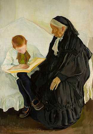 祖母和她的孙子`Grandmother with her grandson (1915) by Konrad Krzyżanowski