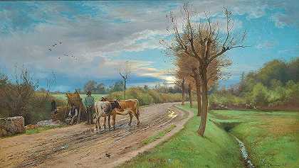 一个农民在满月时和一个路人说话`En bonde taler med en vejmand i fuldmånens skær (1889) by Carl Frederik Aagaard