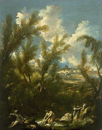 有洗衣妇的风景`Landscape with Washerwoman (1710~1720) by Alessandro Magnasco