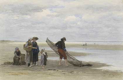 海滩上捕虾的人`Garnalenvisser op het strand (1847 ~ 1904) by Philip Sadée