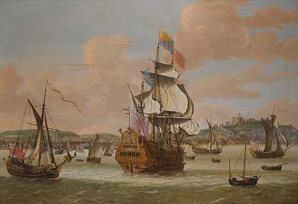 查尔斯二世和约克公爵詹姆斯乘坐H.M.S.黛安芬号，乘坐三艘皇家游艇离开多佛`Charles Ii And James, Duke Of York, On Board H.M.S. Triumph, With Three Royal Yachts Off Dover by Jacob Knyff