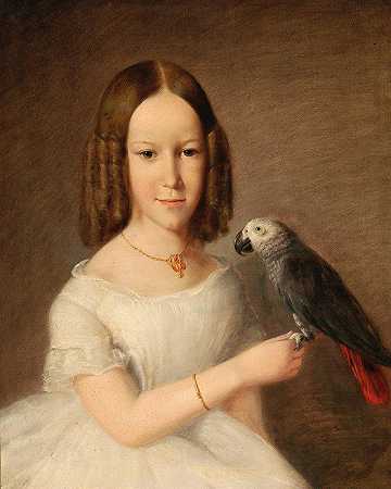 一个戴着灰色鹦鹉的女孩的肖像`Portrait of a Girl with Grey Parrot