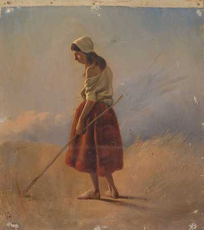 拿着棍子站着的农家女孩`Staande boerenmeisje met stok (1841 ~ 1857) by Johan Daniël Koelman