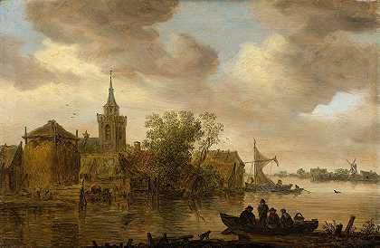 带教堂和农舍的河景`River View with Church and Farmhouse (1653) by Jan van Goyen