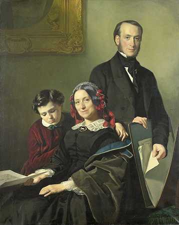 画家威廉·亨德里克·施密特（Willem Hendrik Schmidt，1809-1809）的遗孀、雅各布·斯波尔（Jacob Spoel）的老师A.J.施密特·凯瑟夫人（A.J.Schmidt Keiser）和她的兄弟J.N.凯瑟（J.N.Keiser）以及她10岁的儿子`Mevrouw A.J. Schmidt~Keiser, weduwe van de schilder Willem Hendrik Schmidt (1809~49), de leermeester van Jacob Spoel, met haar broer J.N. Keiser en haar tienjarig zoontj (1858) by Jacob Spoel