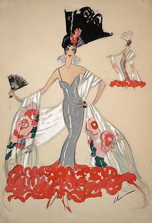 身穿银色连衣裙、手持扇子的优雅女子`Elegant woman in silver dress holding a fan (1914) by John Held, Jr.