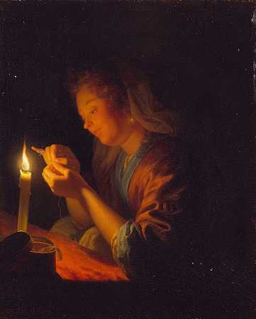 穿针线的女孩`Girl threading a Needle by Candlelight (late 1670s) by Candlelight by Godfried Schalcken