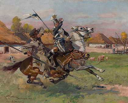 乌兰与哥萨克作战`Uhlan fighting a Cossack (1900) by Wojciech Kossak