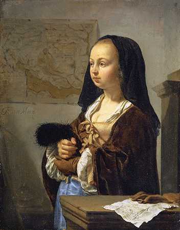 拿着羽毛扇的年轻女子准备出门`Young Woman with Feather Fan Prepared to Go Out (1657~59) by Frans van Mieris the Elder