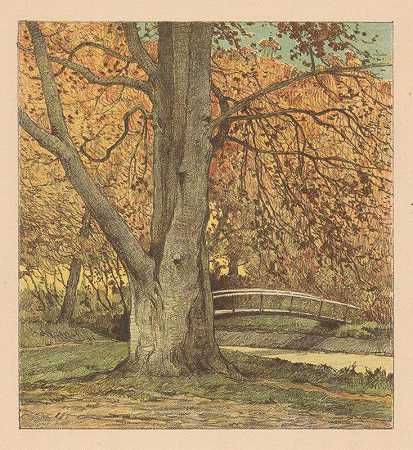 秋天，一棵树挨着一条小溪`Boom bij beek in de herfst (1876) by Simon Moulijn