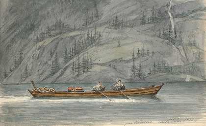 峡湾风景与划船。`Fjordlandskab med robåd. Krøderen, Norge (1831 ~ 1832) by Martinus Rørbye