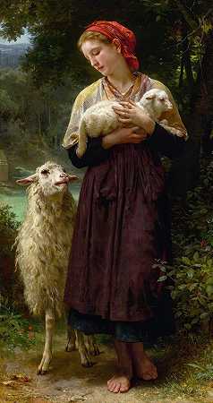 L新生羔羊`Lagneau Nouveau~Né (The Newborn Lamb) (1873) by William Bouguereau