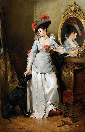 和狗在一起很优雅`Elegant With A Dog by Madeleine-Jeanne Lemaire