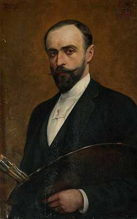 带调色板的自画像`Self~portrait with palette (1895) by Feliks Cichocki