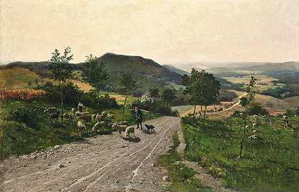 牧羊人在乡间小路上让路`Shepherds making way on a country track by Paul Franz Flickel