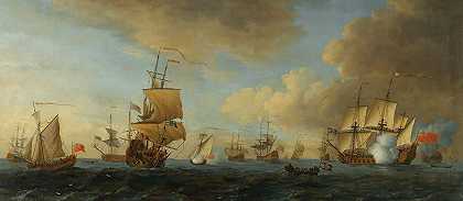 一艘英国护卫舰在船帆下开火，船在船锚下航行`An English Frigate Under Sail Firing A Gun, With Shipping At Anchor And Under Sail by John Cleveley the elder