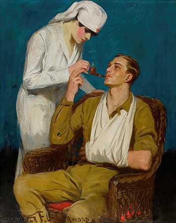 护士点烟`Nurse Lighting a Pipe by Clarence F. Underwood