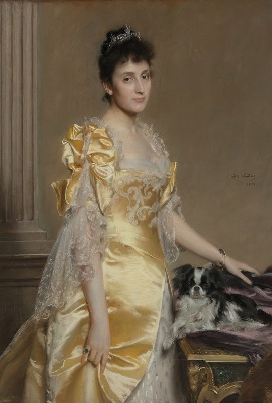 一位优雅的女士和一只帕皮龙猎犬的肖像`Portrait of an elegant woman with a Papillon spaniel (1895) by Emile Charles Wauters