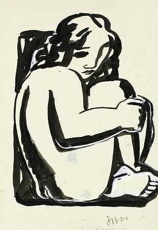 膝盖抬高的裸体坐着的女人（草图）`Naakte zittende vrouw met opgetrokken knieën (schets) (in or before 1936) by Leo Gestel