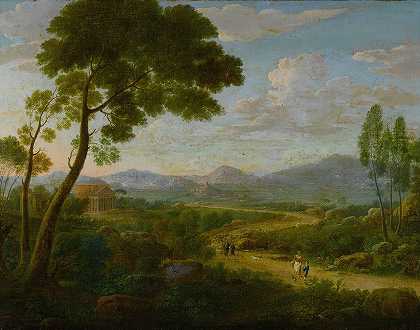 路旁有游客，远处有罗马寺庙`Extensive Landscape With Travelers On A Road, Roman Temples Beyond by Hendrik Frans Van Lint