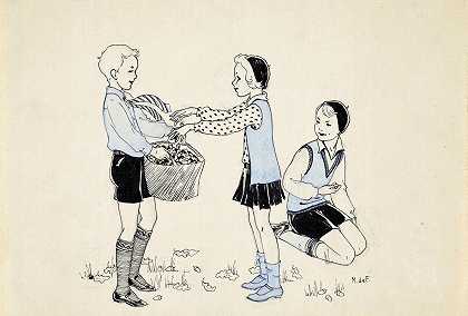三个孩子在找混蛋`Drie kinderen die eikels rapen (1928) by Miep de Feijter