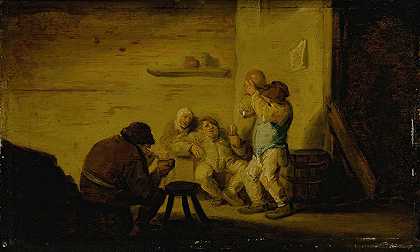 农民在酒馆里抽烟喝酒`Peasants drinking and smoking in a tavern by Bartholomeus Molenaer
