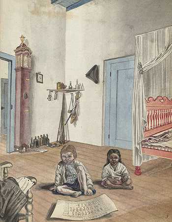 与儿子Jantje和女奴Bietja的卧室`Slaapkamer met zoon Jantje en slavinnetje Bietja (1784) by Jan Brandes