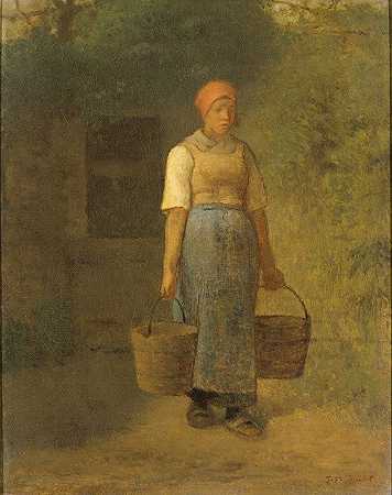 挑水的女孩`Girl carrying Water (c. 1855 ~ 1860) by Jean-François Millet