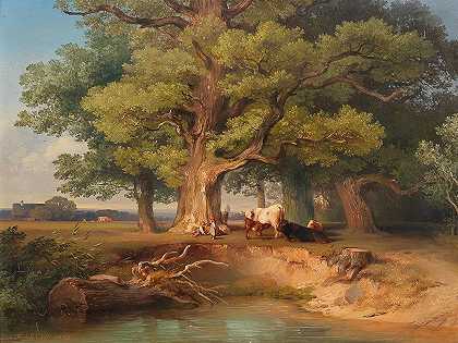 有奶牛和牧民的风景`Landscape with Cows and Herders by Johann Fischbach