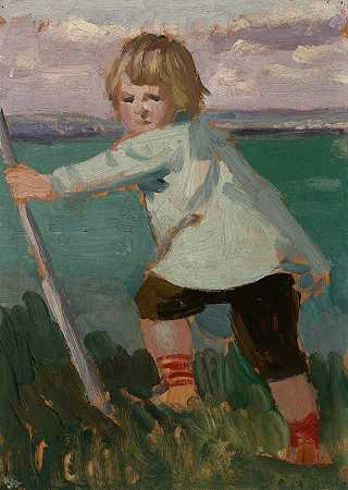悬崖上的男孩倚着一根棍子`Boy on a Cliff Leaning on a Stick (1910) by Augustus John