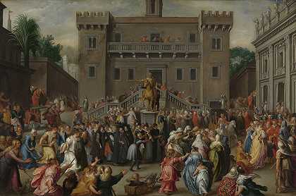 罗马妇女在国会大厦聚会`The Women of Rome Gathering at the Capitol (c. 1600 ~ c. 1602) by Pieter Isaacsz.